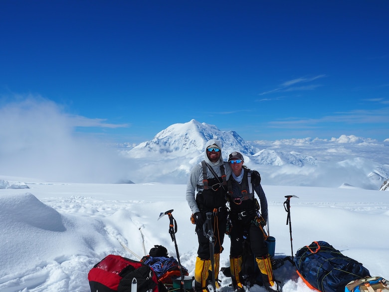 Capt. Stephen Austria, project engineer in the USACE-Alaska District's Foreign Military Sales Program, and fiancé and climbing partner, Rebecca Melesciuc, take a break from descending Denali, the tallest peak in North America, for a photo. Austria and Melesciuc climbed Denali this past summer to help raise Soldier suicide awareness.