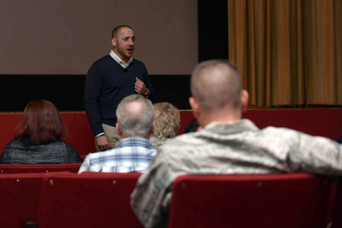 Kevin Hines, a suicide prevention advocate, spoke at the Base Theater at Ellsworth Air Force Base, S.D., Aug. 31, 2016 as part of Wingman Day events. Hines travels the country talking about the art of wellness, and encouraging people to looking at a more positive aspect than a negative one. (U.S. Air Force photo by Airman 1st Class Donald C. Knechtel)