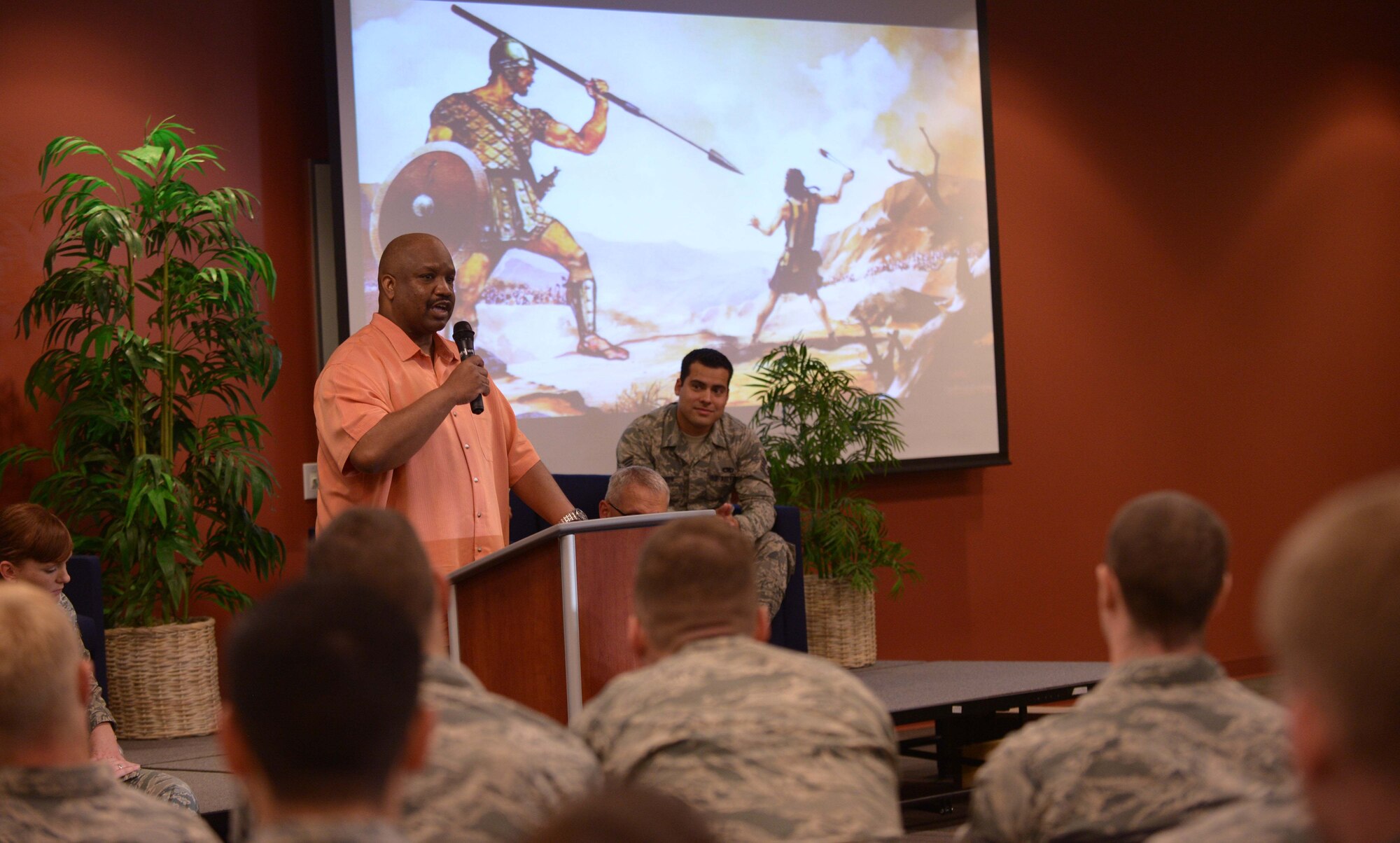 Don Bell, the equal opportunity manager assigned to the 28th Bomb Wing, spoke at the Slaying Your Giants event in the Deployment Center at Ellsworth Air Force Base, S.D., Sept. 1, 2016. Bell recounted the hardships he went through following various surgeries and how he overcomes it throughout his everyday life. (U.S. Air Force photo by Airman 1st Class Donald C. Knechtel)