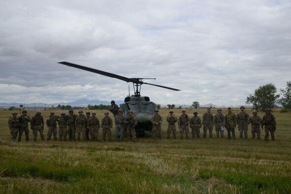 Members from the 40th Helicopter Squadron, the 741st Missile Security Forces Squadron, and 15th and 19th Air Operations Support Squadron Tactical Air Control Party pose for a photo after completing ground training Aug. 25, 2016, at Malmstrom Air Force Base, Mont. Five TACP members worked with Airmen from Malmstrom on day and night ground training over a four-day period.  (U.S. Air Force photo/Staff Sgt. Delia Marchick)