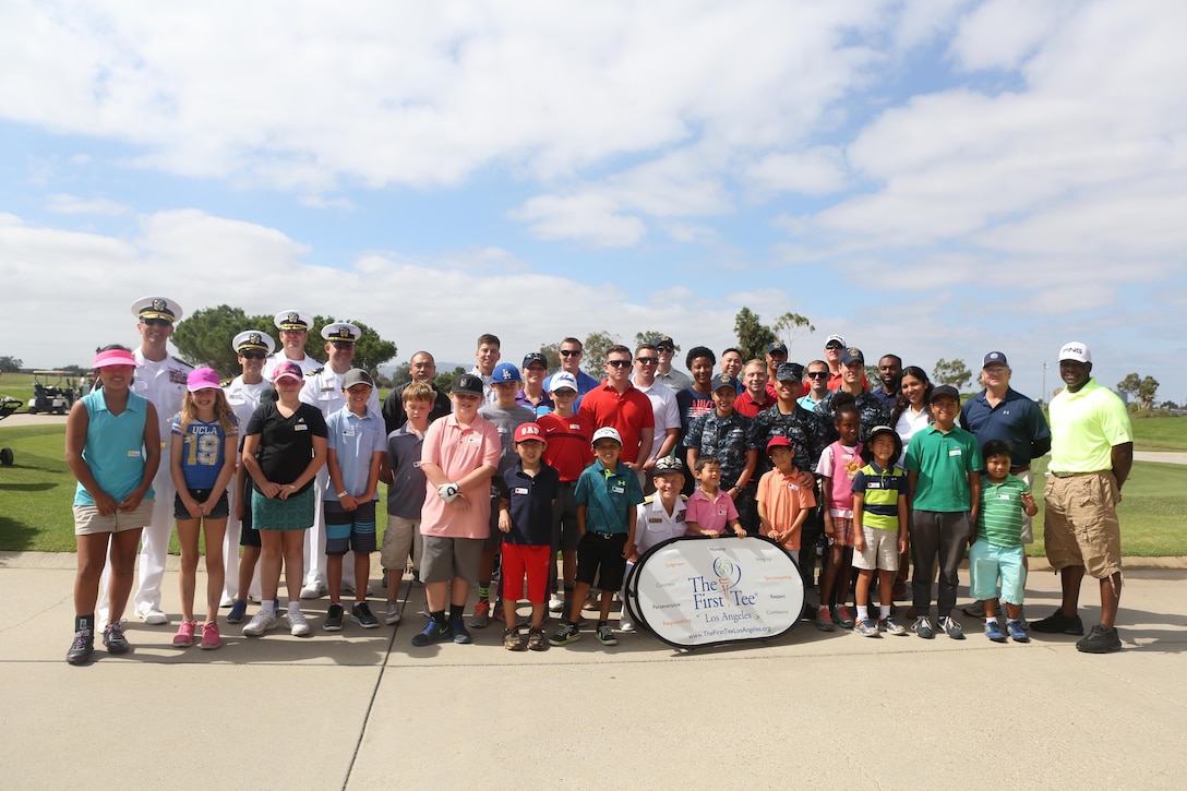 Marines with I Marine Expeditionary Force and Sailors with U.S. 3rd Fleet, participated in a golf clinic hosted by The First Tee Los Angeles, as part of L.A. Fleet Week in Carson, Calif., Sept. 3, 2016. Prior to L.A. Fleet Week 2016, the Port of L.A. has been the venue for Navy Days for over a decade. Fleet week allows for more engagements with a community that is quick to show its support.  (Marine Corps photo by Lance Cpl. Tyler Harrison)