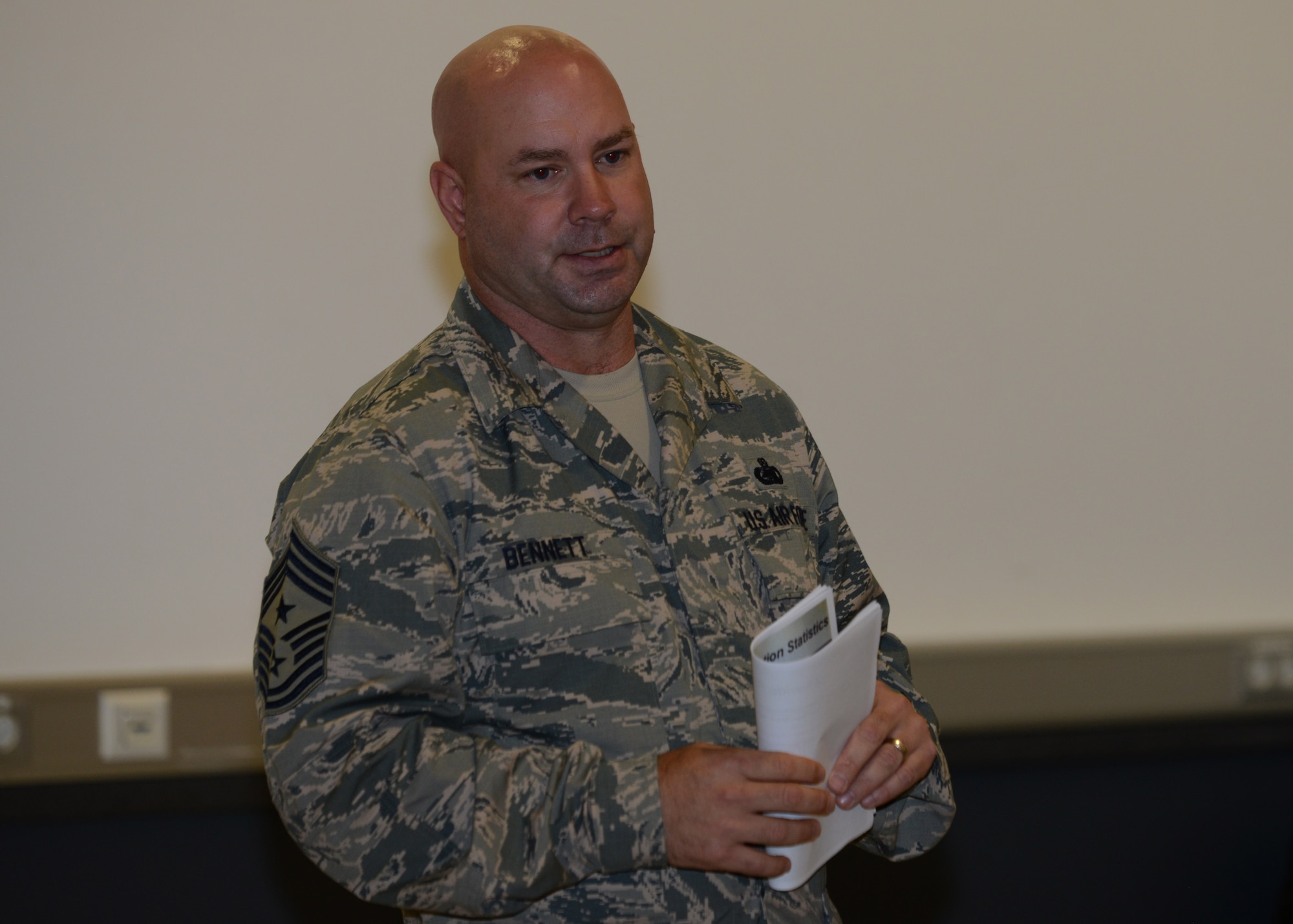 Chief Master Sgt. Aaron D. Bennett, 86th Airlift Wing command chief, speaks to the Kaiserslautern Military Community 5/6 organization, Sept. 1, 2016 at Ramstein Air Base, Germany. The KMC 5/6, a volunteer organization, professionally develops and mentors non-commissioned officers. (U.S. Air Force photo/ Airman 1st Class Joshua Magbanua) 