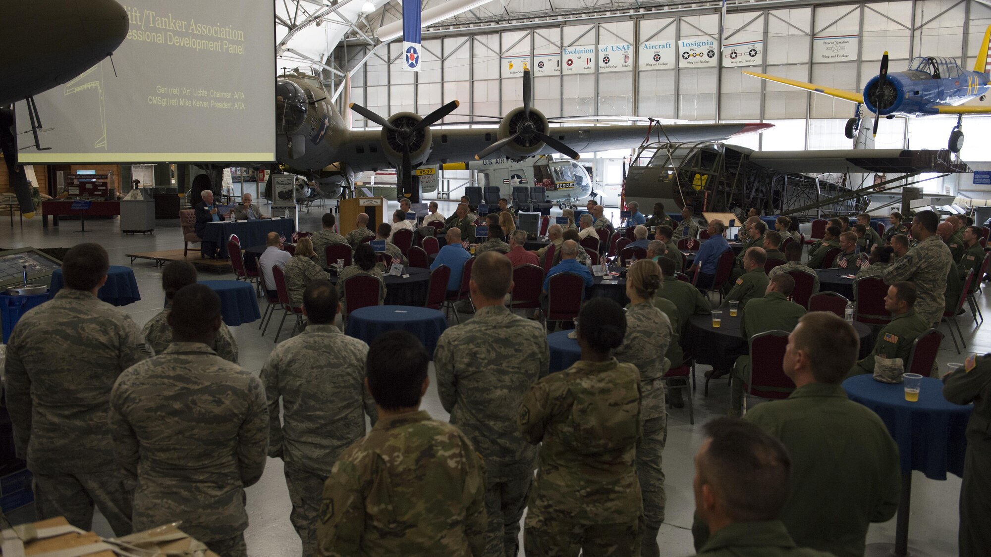 Team Dover Airmen attend an Airlift/Tanker Association professional development panel Aug. 26, 2016, at the Air Mobility Command Museum on Dover Air Force Base, Del. The A/TA is comprised of past and present airlift and tanker Airmen. (U.S. Air Force photo by Senior Airman Zachary Cacicia)