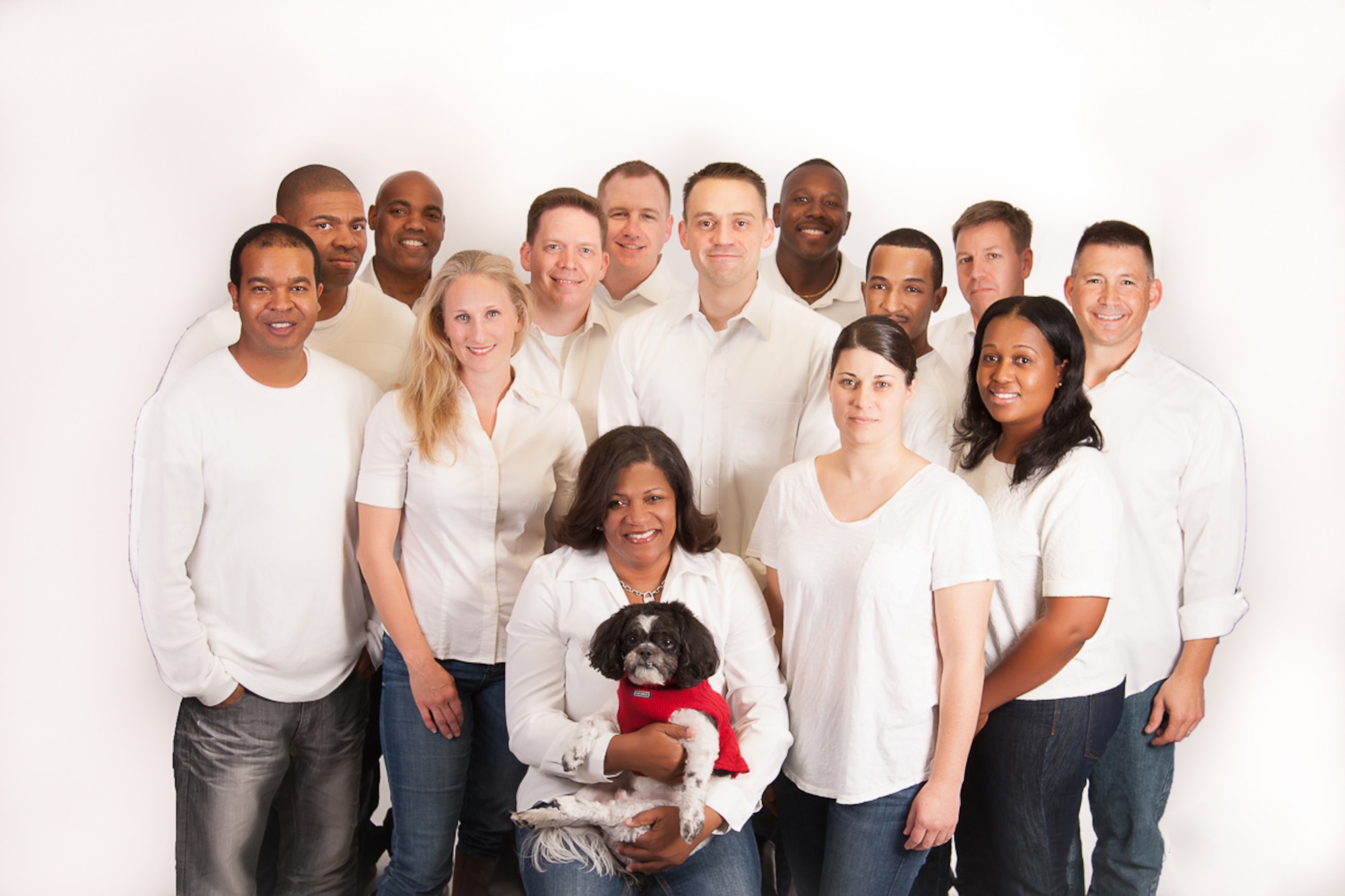 The 860th Network Operations Squadron leadership team, along with the commander’s dog, Maverick, pose for a holiday photo in December 2015. This photo was part of a bigger collage that was sent to fellow 960th Cyberspace Operations Group leaders. The 860th NOS was stood up in June 2013 and currently has 69 members assigned. (Courtesy photo)
