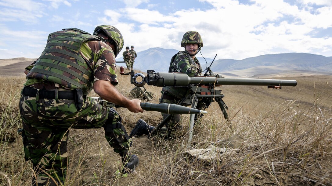 Georgian and Romanian forces synchronize anti-armor capabilities using the SPG-9, a lightweight anti-armor weapon during Agile Spirit 16, Sept. 2, 2016. Agile Spirit is a two-week combined forces counterinsurgency and peacekeeping operations training exercise involving U.S. Marines deployed as part of the Black Sea Rotational Force and members of the Georgian military.