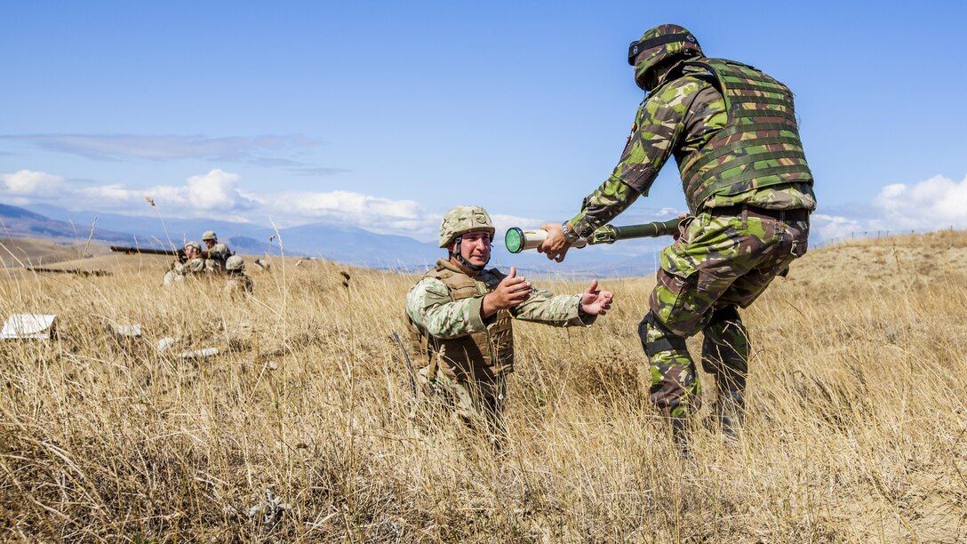 Georgian and Romanian forces synchronize anti-armor capabilities using the SPG-9, a lightweight anti-armor weapon during Agile Spirit 16, Sept. 2, 2016. Agile Spirit is a two-week combined forces counterinsurgency and peacekeeping operations training exercise involving U.S. Marines deployed as part of the Black Sea Rotational Force and members of the Georgian military.