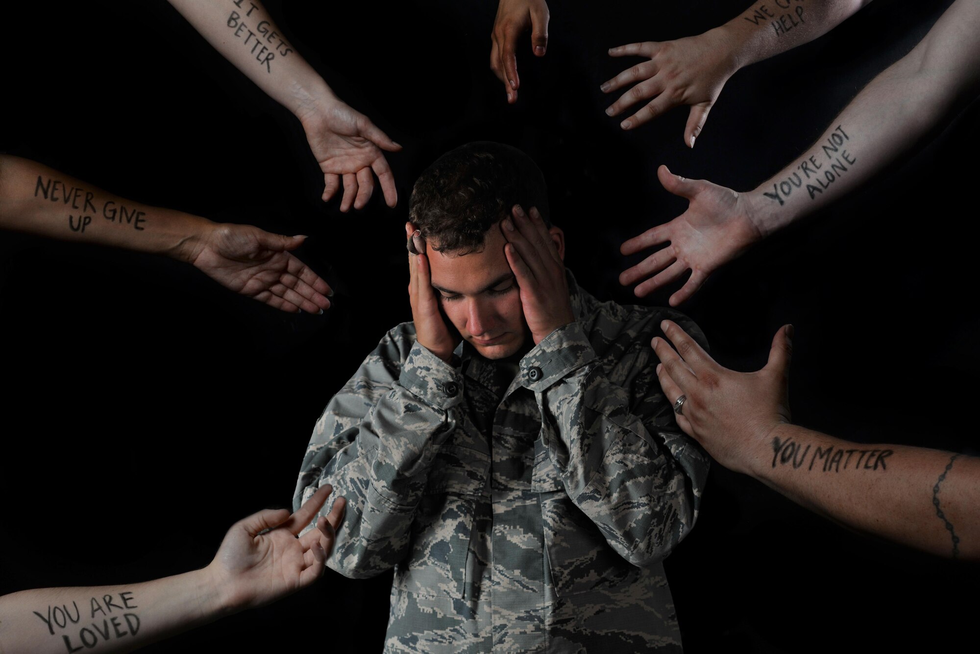 U.S. Air Force Airmen and their families are never alone. There are many agencies offering help to anyone who needs it. (U.S. Air Force photo illustration by Airman 1st Class Tenley Long and Gina Randall)