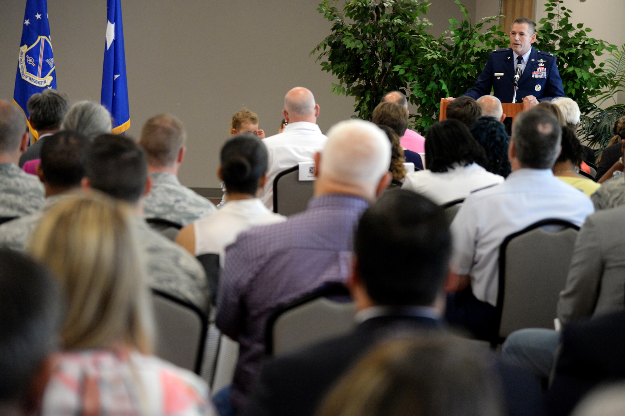 Col. Rocky Favorito speaks to the men and women of the 844th Communications Group during his change-of-command ceremony on Joint Base Andrews, Md., May 26, 2016. The 844th Communications Group provides communications and information support to Air Force National Capitol Region warfighters, including Headquarters Air Force District of Washington, the 11th Wing, 79th Medical Wing and various other organizations throughout the NCR. (U.S. Air Force photo/Tech. Sgt. Matt Davis) 