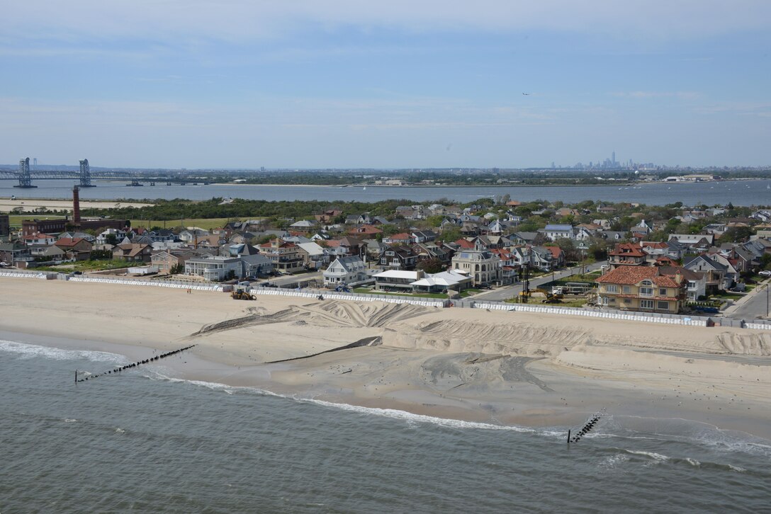 Sand replenishment work taking place on Rockaway Beach, New York. 