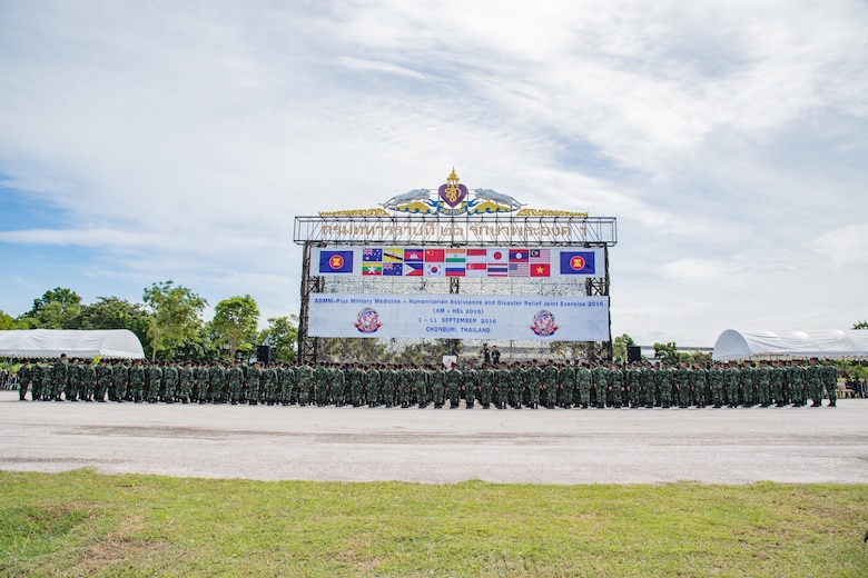 Multinational service members stand in formation during the opening ceremony for ASEAN Exercise 16-3 at 14th Military Circle Airfield, Chonburi Province, Thailand Sept. 5, 2016. AEX 16-3 is a small-scale humanitarian assistance and disaster relief exercise consisting of 18 nations and co-hosted by Thailand, Japan, Lao People’s Democratic Republic and the Russian Federation. It is the third iteration of the ASEAN Defense Ministers Meeting plus multinational exercise program in 2016.