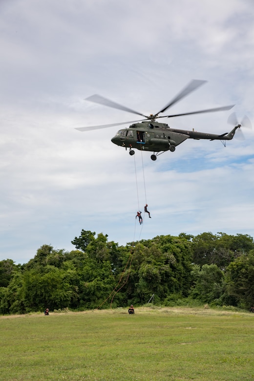 Multinational service members conduct a Search and Rescue demonstration during the opening ceremony for ASEAN Exercise 16-3 at 14th Military Circle Airfield, Chonburi Province, Thailand Sept. 5, 2016. AEX 16-3 is a small-scale humanitarian assistance and disaster relief exercise consisting of 18 nations and co-hosted by Thailand, Japan, Lao People’s Democratic Republic and the Russian Federation. It is the third iteration of the ASEAN Defense Ministers Meeting plus multinational exercise program in 2016.