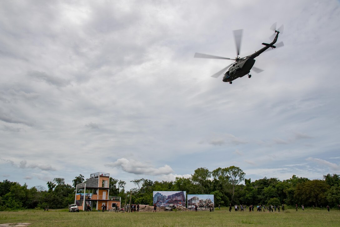 Multinational service members conduct a Search and Rescue demonstration during the opening ceremony for ASEAN Exercise 16-3 at 14th Military Circle Airfield, Chonburi Province, Thailand Sept. 5, 2016. AEX 16-3 is a small-scale humanitarian assistance and disaster relief exercise consisting of 18 nations and co-hosted by Thailand, Japan, Lao People’s Democratic Republic and the Russian Federation. It is the third iteration of the ASEAN Defense Ministers Meeting plus multinational exercise program in 2016.