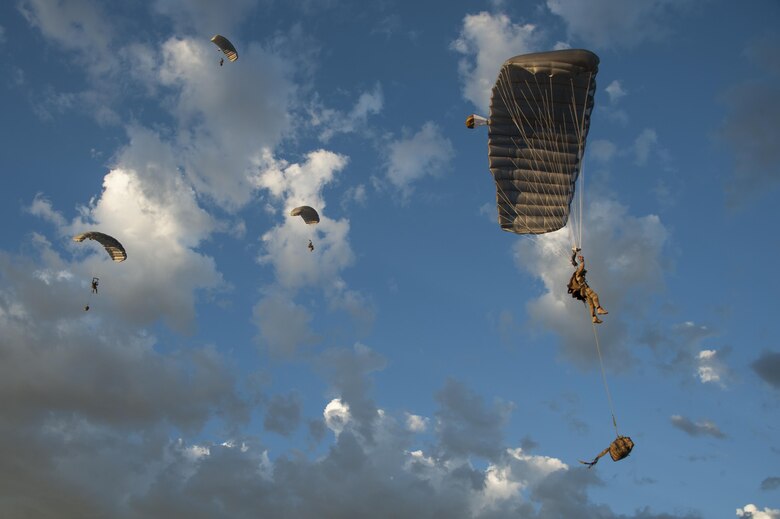 Combat Leaders Course students prepare to land during training in Florence, Ariz., Aug. 31, 2016. The students mission planned and executed a multitude of scenarios including a jump mission with an overland movement, a mass casualty, and a technical rescue with the rotary wing exfiltration all within the climates of southern Arizona and California.  (U.S. Air Force photo by Airman 1st Class Mya M. Crosby)