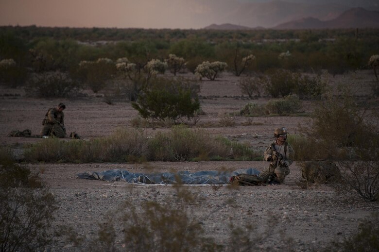A Combat Leaders Course student provides overwatch during training in Florence, Ariz., Aug. 31, 2016. The students participated in scenarios including a jump mission with an overland movement, a mass casualty and a technical rescue with the rotary wing exfiltration all within the climates of southern Arizona and California. (U.S. Air Force photo by Airman 1st Class Mya M. Crosby)