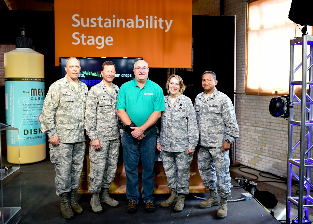 (from left to right) Col James Wentzlaff, Mission Support Group Commander, Lt. Col. Mike Piontek, 133rd Civil Engineer Commander, Bill Grant, Deputy Commissioner of Energy and Telecommunications for the Minnesota Department of Commerce, Brig. Gen. Sandy Best, Chief of Staff with the Minnesota Air National Guard, Joint Force Headquarters and Capt Fernando Nacionales, Deputy Base Civil Engineer and Energy Manager of the 133rd Civil Engineering Squadron pose for a picture after the official announcement of the finalist for the Clean Energy Community Award.  The announcement was made at the Sustainability Stage at the Minnesota State Fair in Minneapolis on Sunday, Aug 28, 2016.  