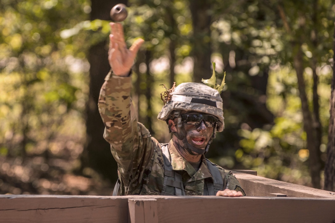 Army Sgt. Ryan Moldovan throws a practice hand grenade during the Army Reserve Drill Sergeant of the Year competition at Fort Jackson, S.C., Sept. 7, 2016. Moldovan is assigned to the 98th Training Division. Army photo by Sgt. 1st Class Brian Hamilton