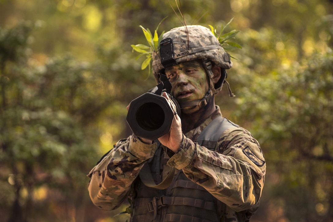 Army Staff Sgt. Jacob Meyers practices misfire procedures on the AT-4 rocket launcher during the Army Reserve Drill Sergeant of the Year competition at Fort Jackson, S.C., Sept. 7, 2016. Meyers is the Advanced Individual Training Platoon Sergeant of the Year assigned to Fort Huachuca, Arizona. Army photo by Sgt. 1st Class Brian Hamilton