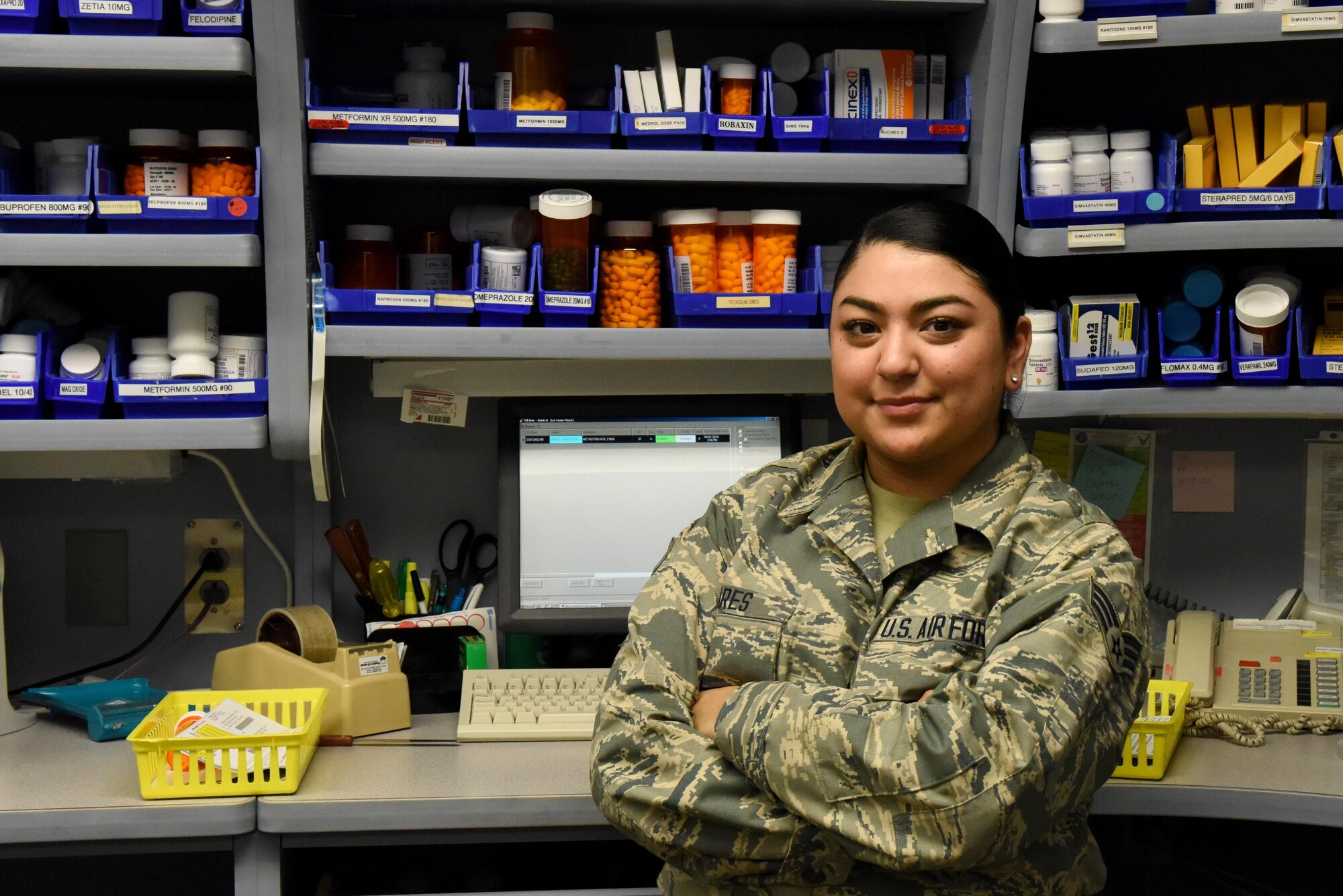 Senior Airman Bianca Mares, 4th Medical Support Squadron pharmacy technician assures all prescription medicine is inventoried and dispersed according doctor’s orders September 9, 2016 at Seymour Johnson Air Force Base, N.C. Mares has been stationed at Seymour Johnson AFB for two years. (U.S. Air Force photo by Airman Miranda A. Loera)