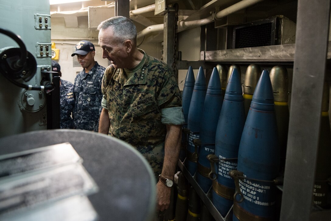 Marine Corps Gen. Joe Dunford, chairman of the Joint Chiefs of Staff, inspects the Arleigh Burke-class guided missile destroyer USS Barry in Yokosuka, Japan, Sept. 7, 2016, in Japan. DoD photo by Army Sgt. James K. McCann