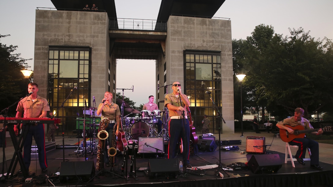 The Marine San Diego Rock Band performs for Marines and Nashville, Tenn. residents during the opening ceremony of Marine Week Nashville, Sept. 7, 2016. More than 800 Marines are participating in Marine Week to give the citizens of the greater Nashville area the opportunity to meet the individual Marines and celebrate community, country and Corps.