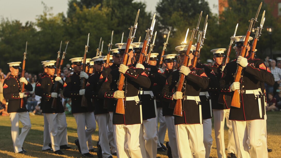 The Marine Corps Silent Drill Platoon performs during the opening ceremony of Marine Week Nashville in Nashville, Tenn., Sept. 7, 2016. Marine Week Nashville is an opportunity for the people of the greater Nashville area to meet Marines and learn about Corps’ history, traditions and value to the nation.
