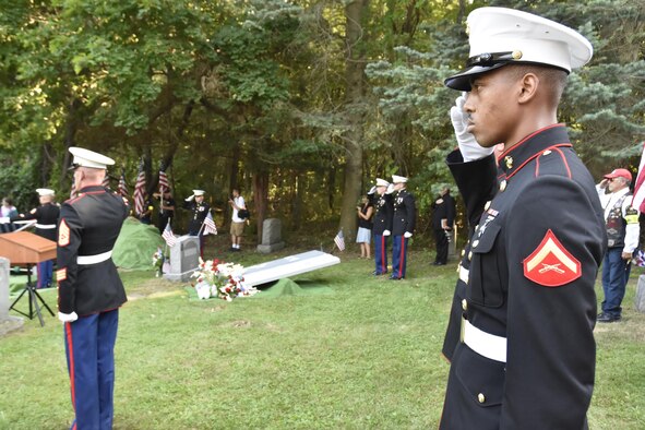 Pfc. George H. Traver was killed in action on Nov. 20, 1943. His body was one of many found earlier this year in the Gilbert Islands, just off the coast of Hawaii. The Marine Air Support Squadron 6 from Westover ARB, Mass. presided over the formal military funeral ceremony. (U.S. Air Force photo/ TSgt. Amelia Leonard)