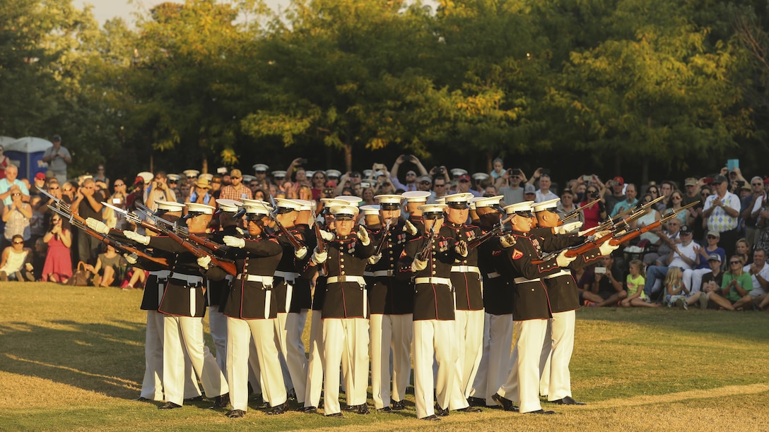 The Marine Corps Silent Drill Platoon performs during the opening ceremony of Marine Week Nashville in Nashville, Tenn., Sept. 7, 2016. Marine Week is an opportunity to commemorate the unwavering support of the American people, and show the Marine Corps’ dedication to protecting citizens of this country.