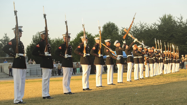 The Marine Corps Silent Drill Platoon performs during the opening ceremony of Marine Week Nashville in Nashville, Tenn., Sept. 7, 2016. Marine Week is a chance to reconnect our Marines, Sailors, veterans and their families from different generations.