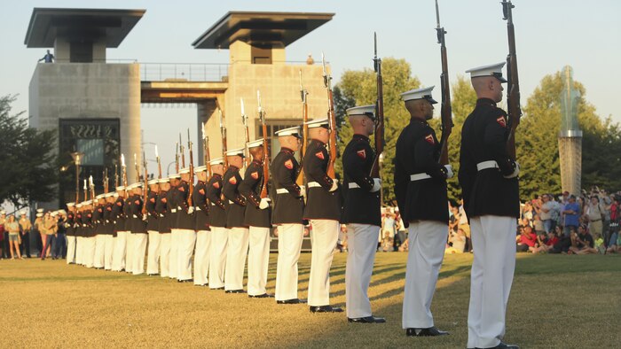 The Marine Corps Silent Drill Platoon performs during the opening ceremony of Marine Week Nashville in Nashville, Tenn., Sept. 7, 2016. More than 800 Marines are participating in Marine Week to give the citizens of the greater Nashville area the opportunity to meet the individual Marines and celebrate community, country and Corps.