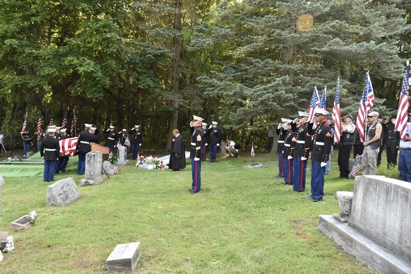 Pfc. George H. Traver was killed in action on Nov. 20, 1943. His body was one of many found earlier this year in the Gilbert Islands, just off the coast of Hawaii. The Marine Air Support Squadron 6 from Westover ARB, Mass. presided over the formal military. (U.S. Air Force photo/ TSgt. Amelia Leonard)