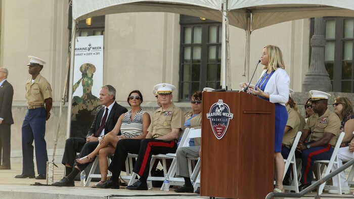 Megan Barry, the Mayor of Nashville, Tenn., offers remarks during the opening ceremony of Marine Week Nashville Sept. 7, 2016. Marine Week is an opportunity to showcase the Marines and help people understand the capabilities of the Marine Corps.