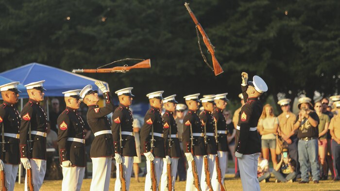 The Marine Corps Silent Drill Platoon performs during the opening ceremony of Marine Week Nashville in Nashville, Tenn., Sept. 7, 2016. Marine Week provides an opportunity for the Marine Corps to visit a city that normally doesn’t have opportunities to interact with Marines on a regular basis.