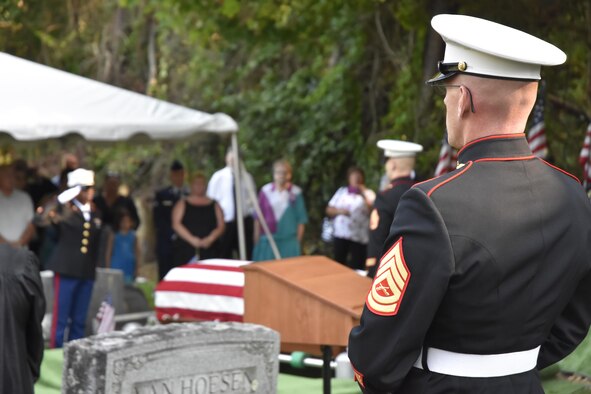 Pfc. George H. Traver was killed in action on Nov. 20, 1943. His body was one of many found earlier this year in the Gilbert Islands, just off the coast of Hawaii. The Marine Air Support Squadron 6 from Westover ARB, Mass. presided over the formal military funeral ceremony. (U.S. Air Force photo/ TSgt. Amelia Leonard)