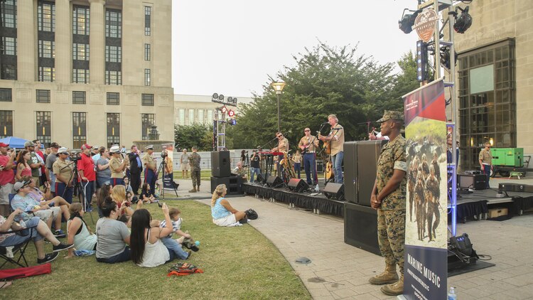 Darryl Worley, center-right, performs with the San Diego Marine Rock Band during the opening ceremony of Marine Week Nashville in Nashville, Tenn., Sept. 7, 2016. Marine Week is an opportunity for the people of the greater Nashville area to connect with Marines and learn about Corps’ history and capabilities.