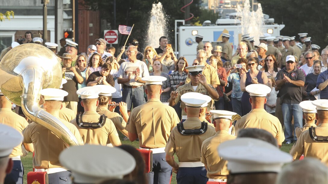 Members of Marine Band San Diego perform during the opening ceremony of Marine Week Nashville in Nashville, Tenn., Sept. 7, 2016. Marine Week is an opportunity to commemorate the unwavering support of the American people, and show the Marine Corps’ dedication to protecting citizens of this country.