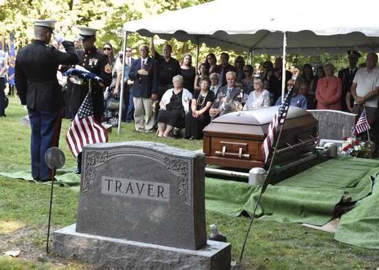 Pfc. George H. Traver was killed in action on Nov. 20, 1943. His body was one of many found earlier this year in the Gilbert Islands, just off the coast of Hawaii. The Marine Air Support Squadron 6 from Westover ARB, Mass. presided over the formal military funeral ceremony and presented his nephew, David Silliman, with a United States flag in his honor. (U.S. Air Force photo/ TSgt. Amelia Leonard)