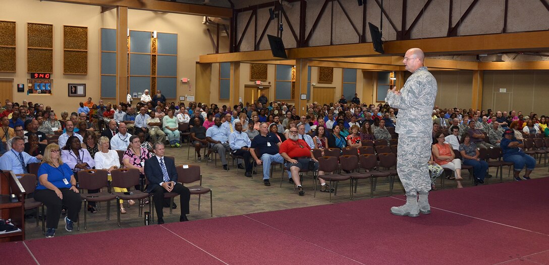 During a Safety Town Hall Sept. 6, 2016 in the Lotts Conference Center, Defense Logistics Agency Aviation Commander Air Force Brig. Gen. Allan Day tells employees, we are ready, so “tune it up and shine it up” in preparation of next week’s visit by Occupational Safety and Health Administration’s Voluntary Protection Programs evaluation team. The team will be evaluating the center’s safety program and determining whether it rates OSHA Star status. 