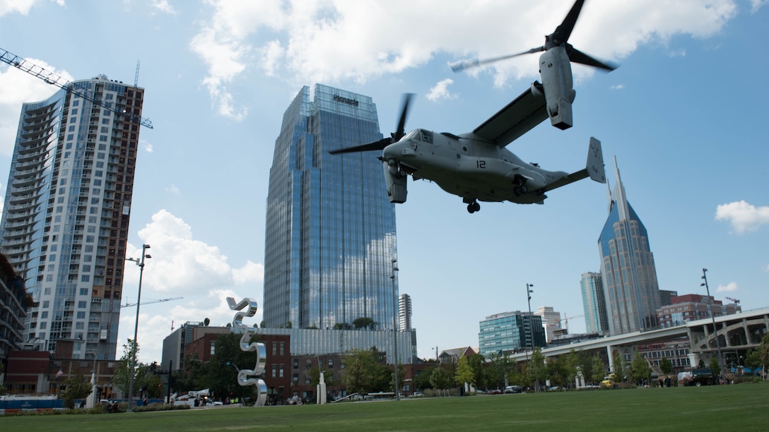 A Bell Boeing V-22 Osprey lands at Riverfront Park in Nashville. Tenn., on Sept. 6, 2016, as part of Marine Week. The equipment will be set up as static displays at Riverfront Park for access to the general public throughout the week. Marine Week is the Marine Corps’ largest annual community outreach project and this year marks the seventh year of the event.