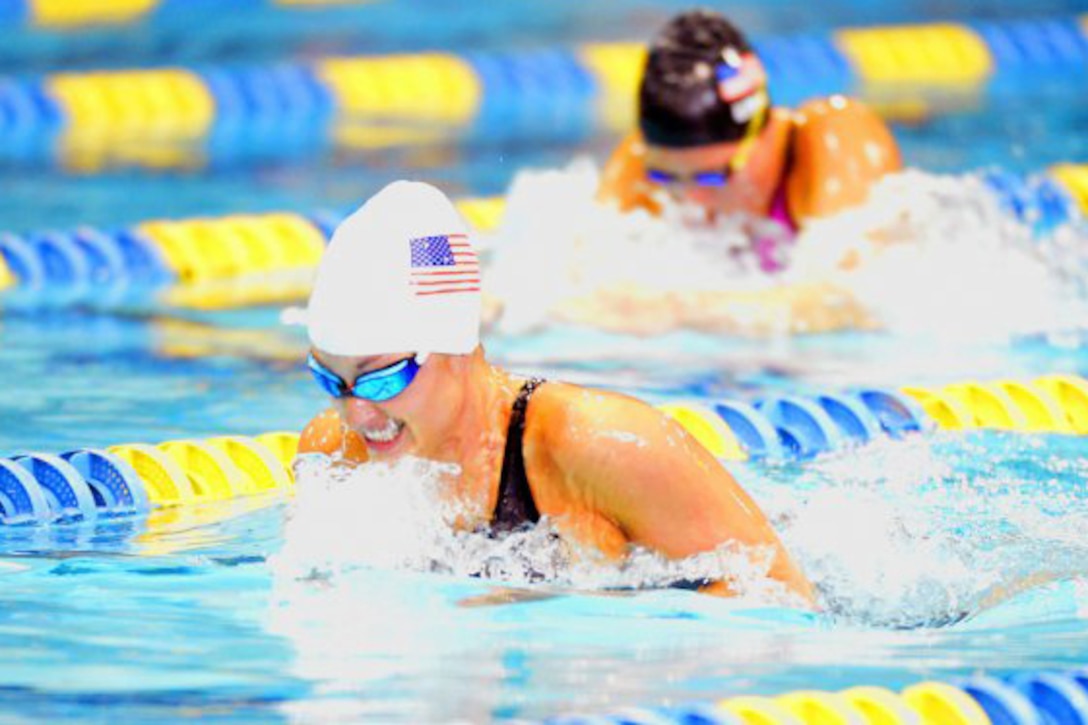 Sgt. Elizabeth Marks of the U.S. Army World Class Athlete Program wins the women’s 100-meter breaststroke in the 2016 U.S. Paralympic Swimming Team Trials in Charlotte, N.C., June 30, 2016.  Photo courtesy Tim Hipps

