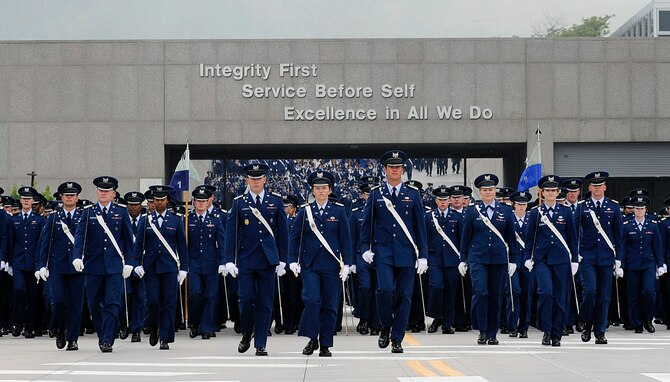 Cadets march toward Stillman Parade Field Sept. 2, 2016 at the U.S. Air Force Academy. The parade was the first official event of Parents' Weekend, an annual event designed to give parents of cadets a look at life at the Academy. (U.S. Air Force photo/Jason Gutierrez)