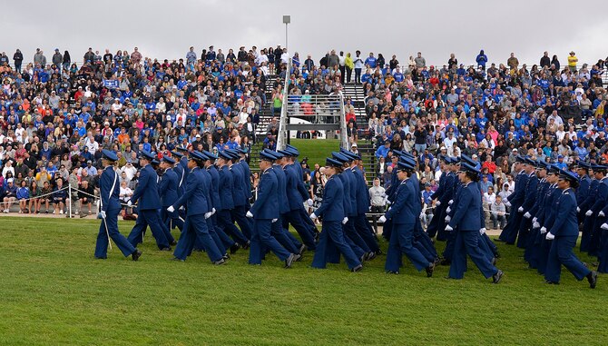 Cadets march on Stillman Parade Field Sept. 2, 2016 at the U.S. Air Force Academy. The parade kicked off Parents' Weekend, an annual event designed to showcase the Academy to parents and relatives of cadets. (U.S. Air Force photo/Jason Gutierrez)