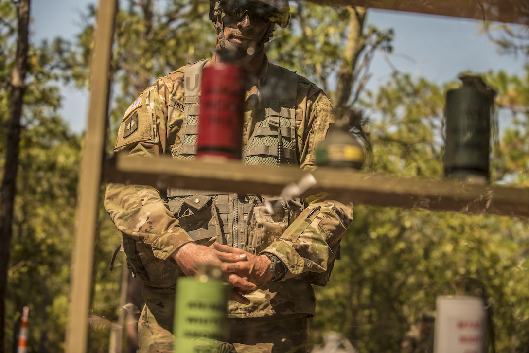 Army Reserve Drill Sergeant of the Year competitor, Sgt. Ryan Moldovan, 98th Training Division (IET), identifies numerous types of hand grenades and their uses, Sept. 7.  Moldovan, and Sgt. 1st Class Jason Scott, 95th Training Division (IET) are facing off in a head to head competition at Fort Jackson, S.C., to see who will be named the 2016 Army Reserve Drill Sergeant of the Year.(U.S. Army photo by Sgt. 1st Class Brian Hamilton/ released)