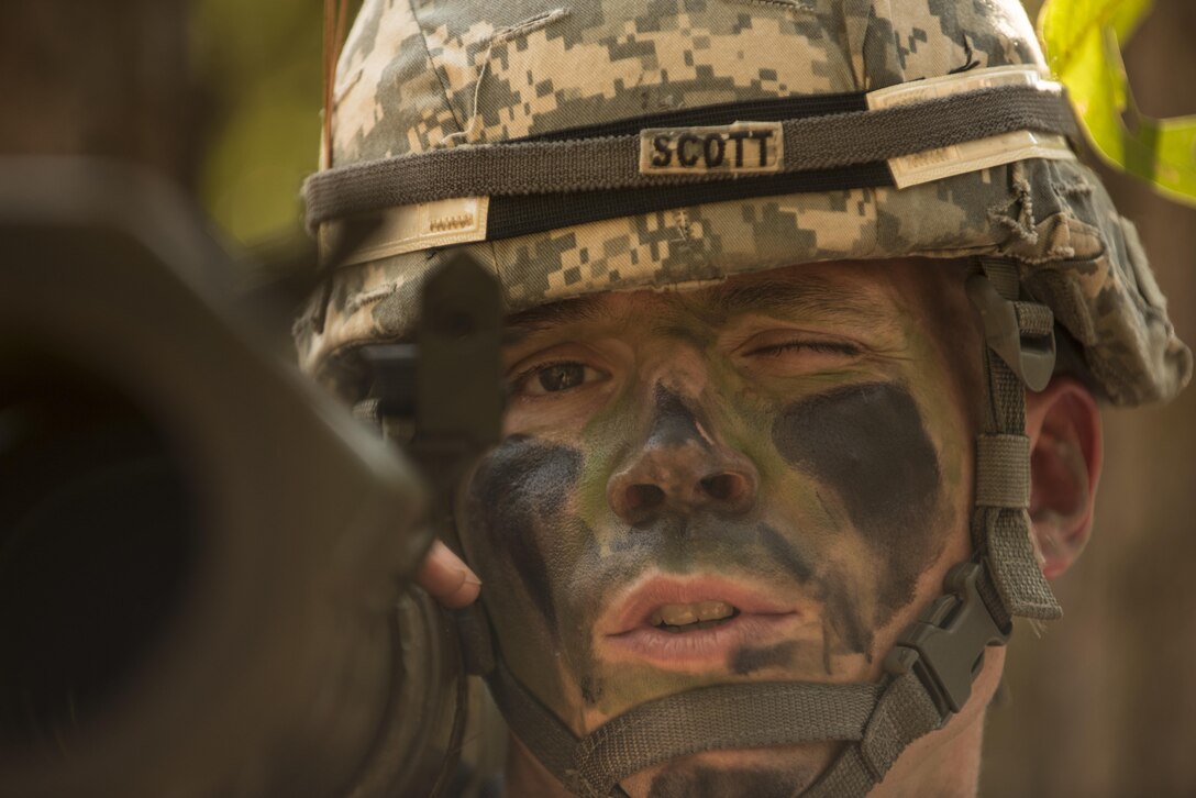 Army Reserve Drill Sergeant of the Year competitor, Sgt. 1st Class Jason Scott, 95th Training Division (IET), talks through firing the AT-4 at the 2016 TRADOC Drill Sergeant of the Year competition, Sept. 7.  Scott and Sgt. Ryan Moldovan, 98th Training Division (IET), are facing off in a head to head competition at Fort Jackson, S.C., to see who will be named the 2016 Army Reserve Drill Sergeant of the Year.(U.S. Army photo by Sgt. 1st Class Brian Hamilton/ released)