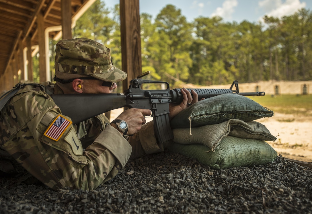 Army Reserve Drill Sergeant of the Year competitor, Sgt. 1st Class Jason Scott, 95th Training Division (IET), zeros his M16A2 semiautomatic weapon before heading off to the qualification range at the 2016 TRADOC Drill Sergeant of the Year competition, Sept. 7.  Scott and Sgt. Ryan Moldovan, 98th Training Division (IET) are facing off in a head to head competition at Fort Jackson, S.C.to see who will be named the 2016 Army Reserve Drill Sergeant of the Year.(U.S. Army photo by Sgt. 1st Class Brian Hamilton/ released)