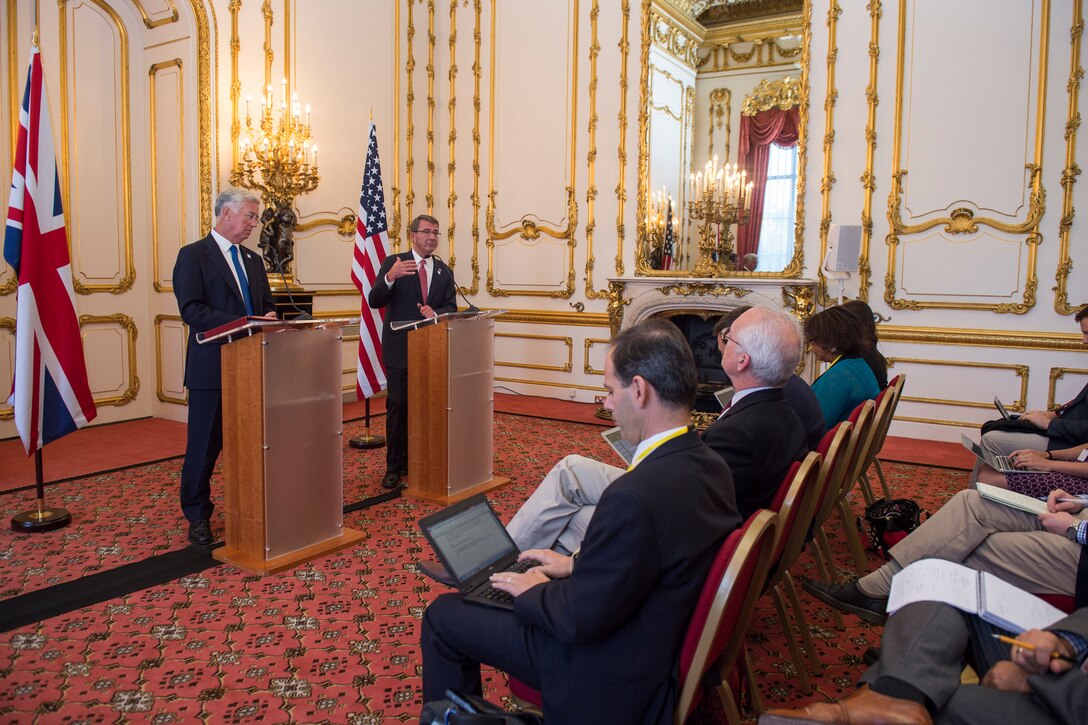 Defense Secretary Ash Carter hosts a joint press conference with the United Kingdom's Secretary of State for Defence Michael Fallon at Lancaster House in London, England, Sept. 7, 2016. DoD photo by Air Force Tech. Sgt. Brigitte N. Brantley