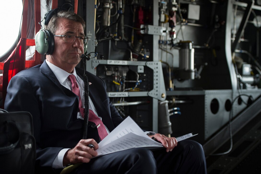 Defense Secretary Ash Carter practices his speech for delivery at Oxford University during his flight to Oxford, England, Sept. 7, 2016. DoD photo by Air Force Tech. Sgt. Brigitte N. Brantley