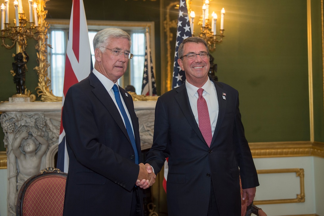 Defense Secretary Ash Carter meets with the United Kingdom’s Secretary of State for Defence Michael Fallon during a meeting at Lancaster House in London, England, Sept. 7, 2016. DoD photo by  Air Force Tech. Sgt. Brigitte N. Brantley