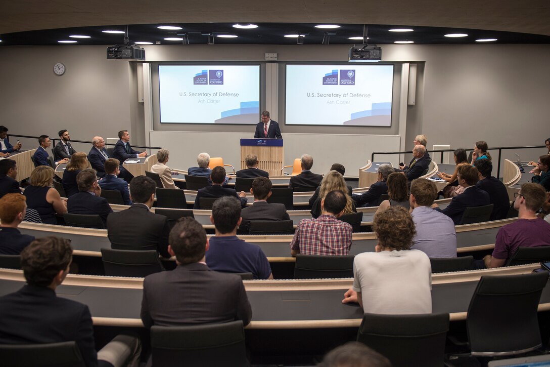 Defense Secretary Ash Carter gives a speech at the Blavatnik School of Government at Oxford University in Oxford, England, Sept. 7, 2016. DoD photo by Air Force Tech. Sgt. Brigitte N. Brantley