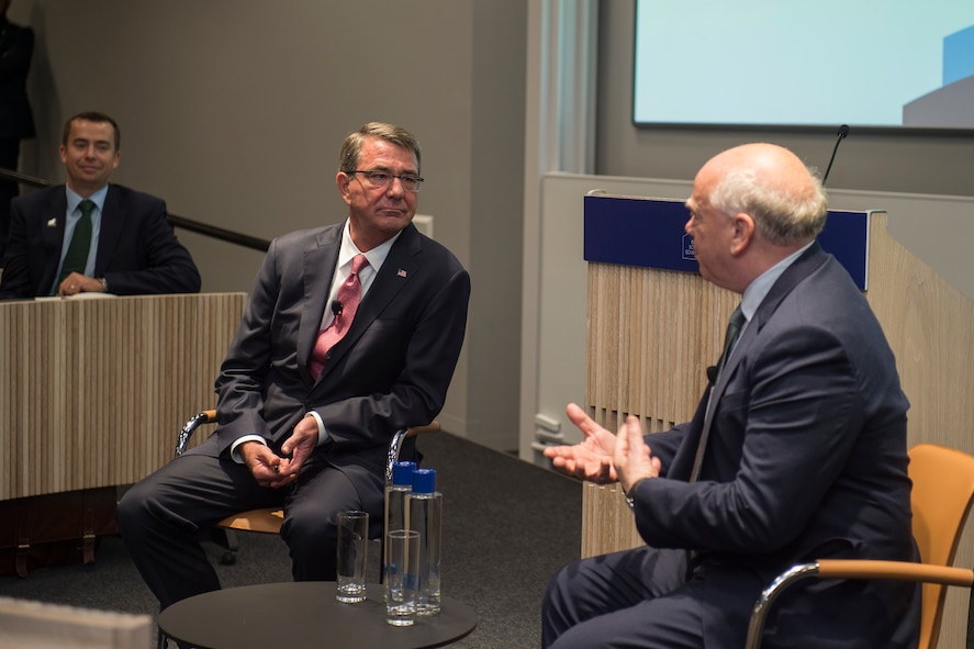 Defense Secretary Ash Carter answers questions from Sir Lawrence Freedman, visiting professor, after delivering his speech at the Blavatnik School of Government at Oxford University.