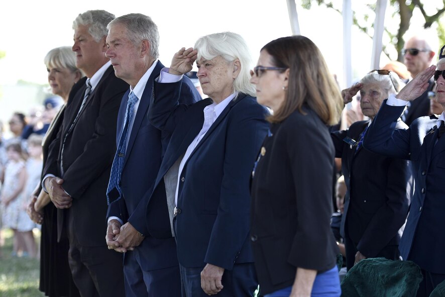 The family of one of 2nd Lt. Elaine Harmon, an original Women Airforce Service Pilot, stand during a ceremony held in her honor at Alrington National Cemetery, Va., Sept. 7, 2016. Harmon died in 2015 at the age of 95. (U.S. Air Force photo/Staff Sgt. Alyssa C. Gibson)